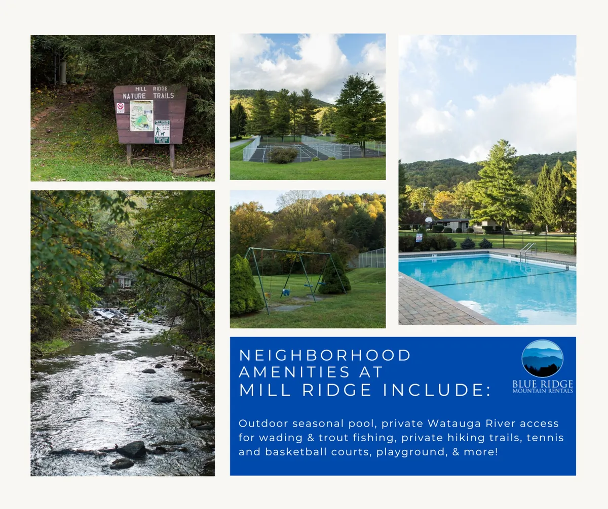 This exterior scene captures a nature trails sign along with nearby tennis courts, a playground, a swimming pool, and a creek. The area is surrounded by greenery, setting a relaxed and family-friendly mood.